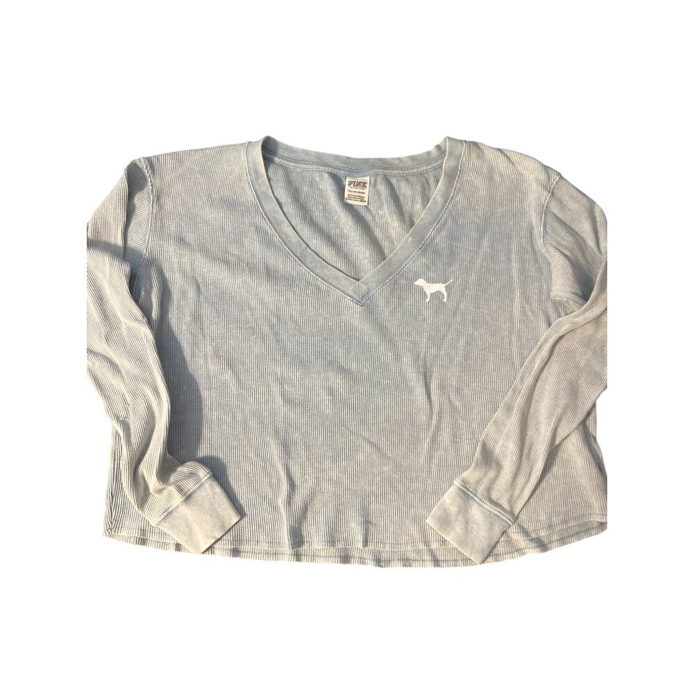 PINK Victoria's Secret Waffle Knit Shirt Long Sleeve V-Neck Blue Ribbed Crop Top